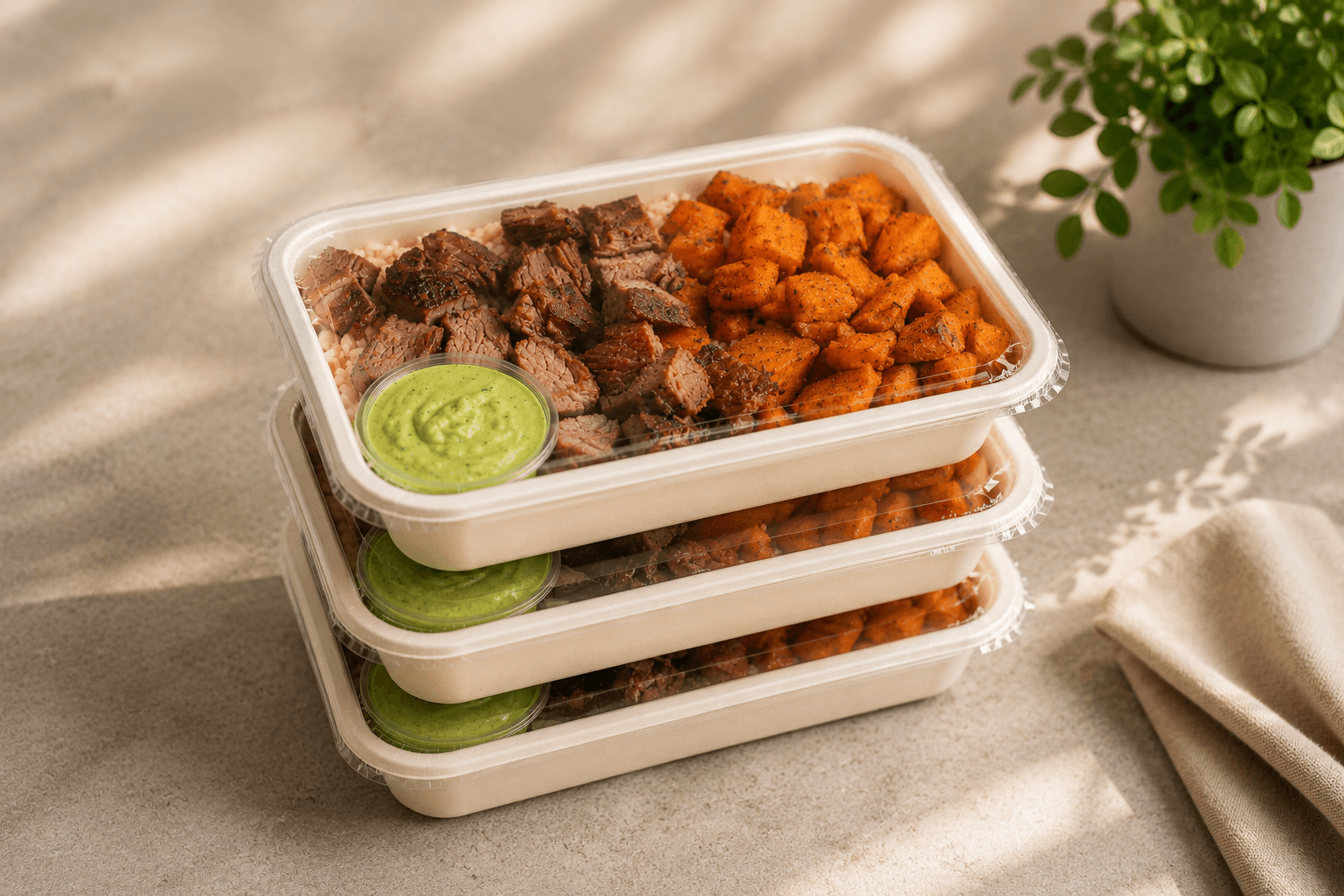 Packed in biodegradable meal containers