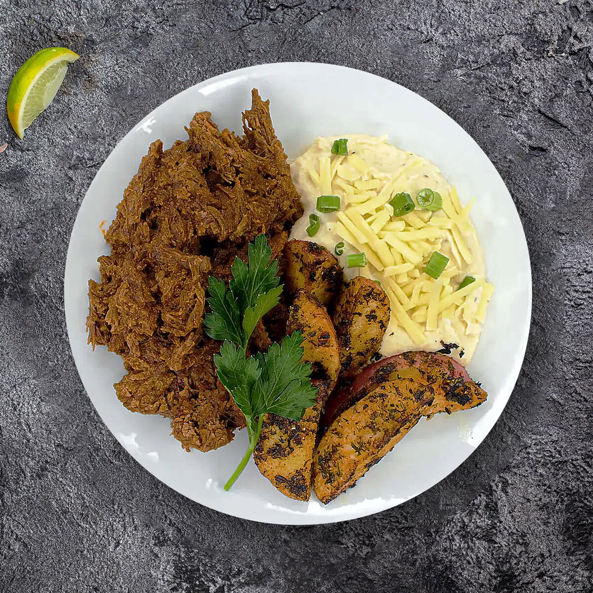 Shredded Beef Brisket with Cheesy Cauliflower Mash